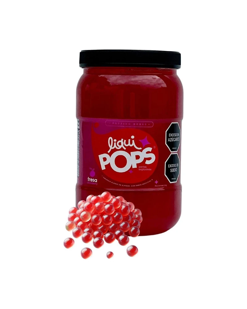 Tarro LiquiPops Fresa 1150g — perlas explosivas en almíbar, fondo blanco